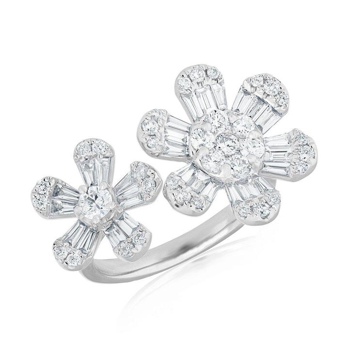 14k White Diamond Baguette double Flower Ring-Rings-Maurice's Jewelers-