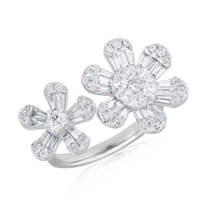 14k White Diamond Baguette double Flower Ring