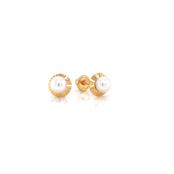 18K Yellow Gold Pearl & Diamond Cut Bezel Earrings