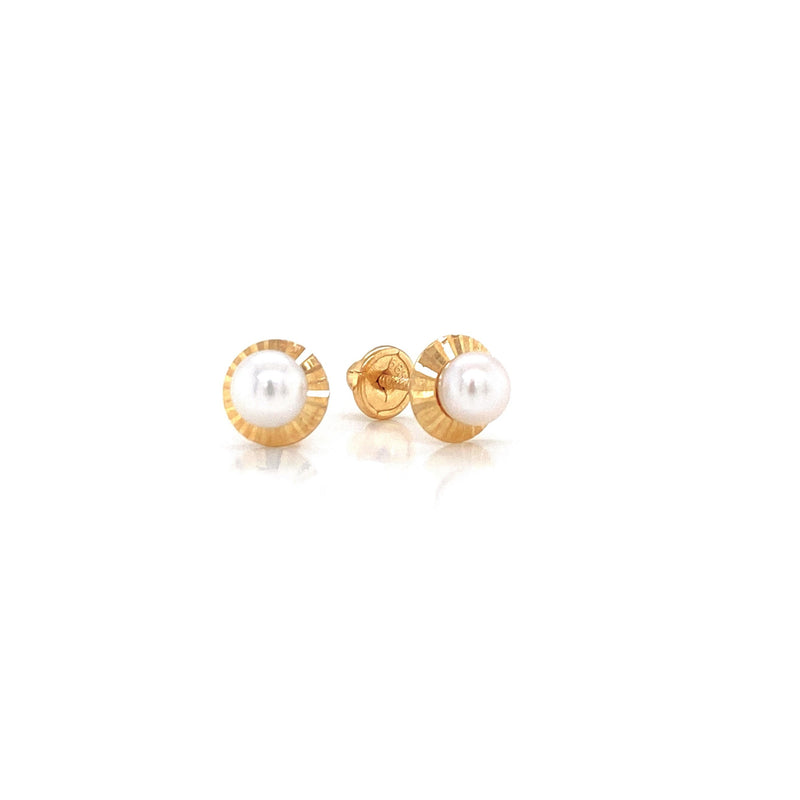 18K Yellow Gold Pearl & Diamond Cut Bezel Earrings-baby earrings-JCG-