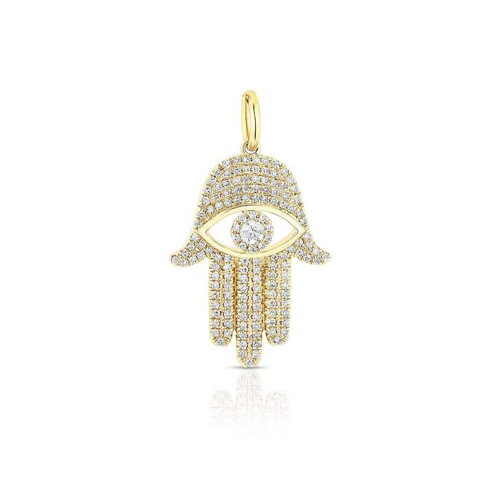14K Yellow Diamond Evil Eye X-Large Hamsa Pendant-Necklaces-aaron jewelry-YELLOW GOLD-