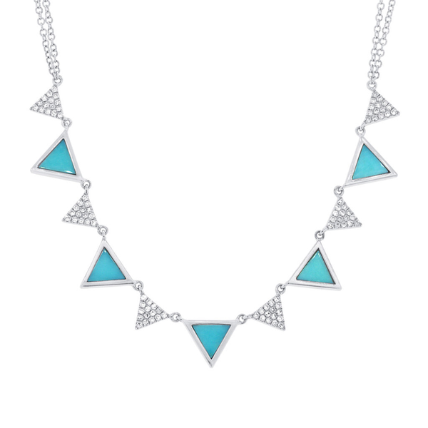 14K White Gold Diamond and Composite Turquoise Triangle Necklace