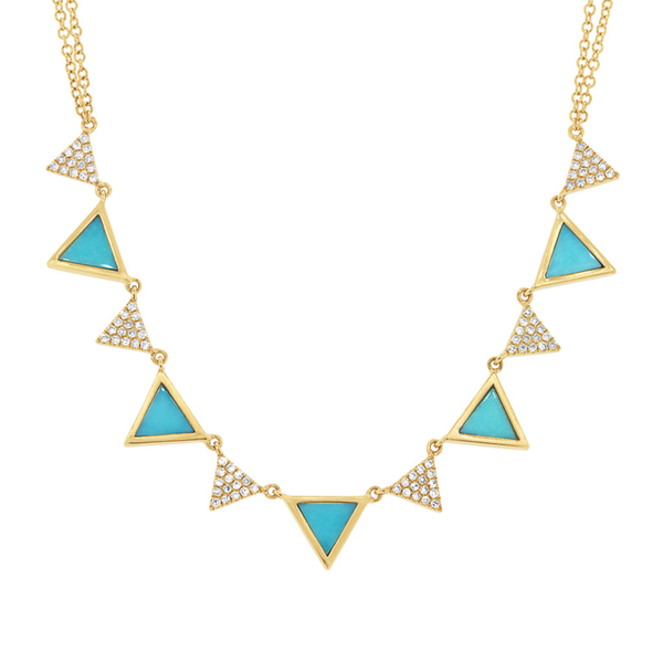 14K Yellow Gold Diamond and Composite Turquoise Triangle Necklace