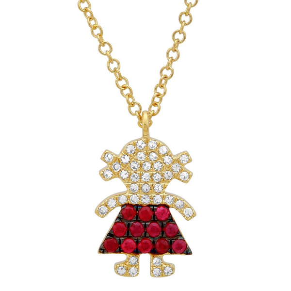 14K Yellow Diamond and Ruby Gemstone Girl Necklace-Necklaces-superbell-