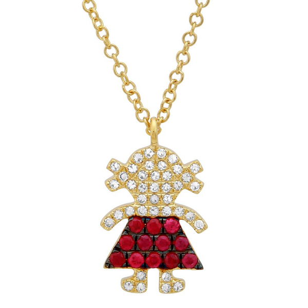 14K Yellow Diamond and Ruby Gemstone Girl Necklace