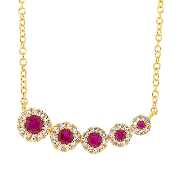 14K Yellow Gold Diamond and Ruby Halo Necklace