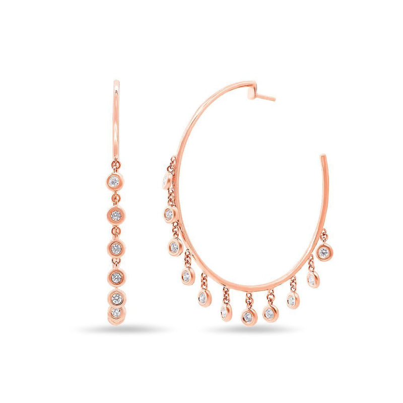 14K Rose Gold Diamond Bezel Dangle Hoop Earrings