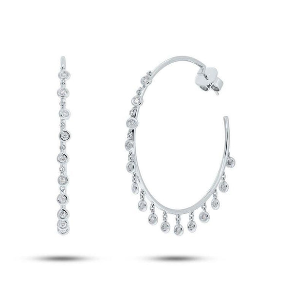 14K White Gold Diamond Bezel Dangle Hoop Earrings-Earrings-Maurice's Jewelers-