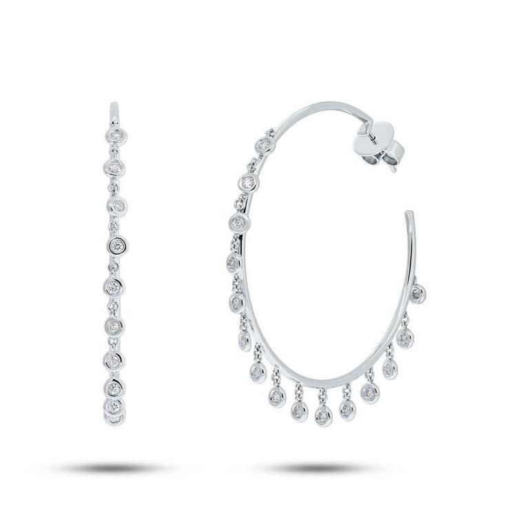 14K White Gold Diamond Bezel Dangle Hoop Earrings-Earrings-Maurice's Jewelers-