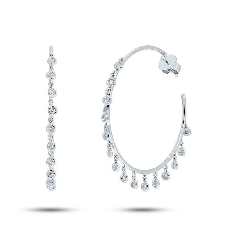 14K White Gold Diamond Bezel Dangle Hoop Earrings