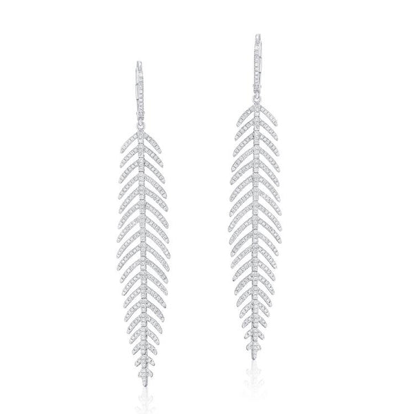 14K White Gold Diamond Dangle Feather Earrings-Earrings-Maurice's Jewelers-