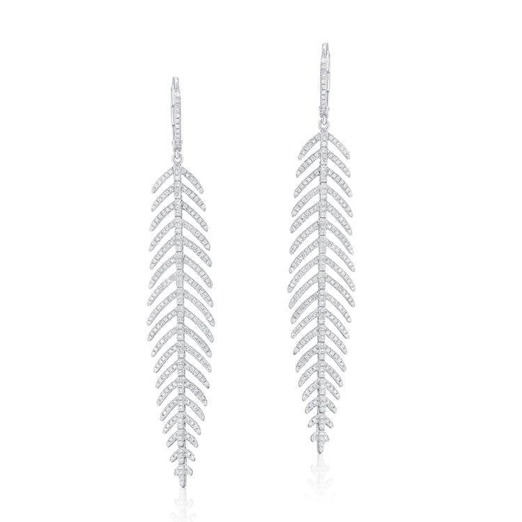 14K White Gold Diamond Dangle Feather Earrings