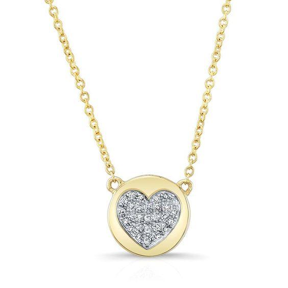 14K White Gold Diamond Double Sided Disc and Pave Heart Pendant