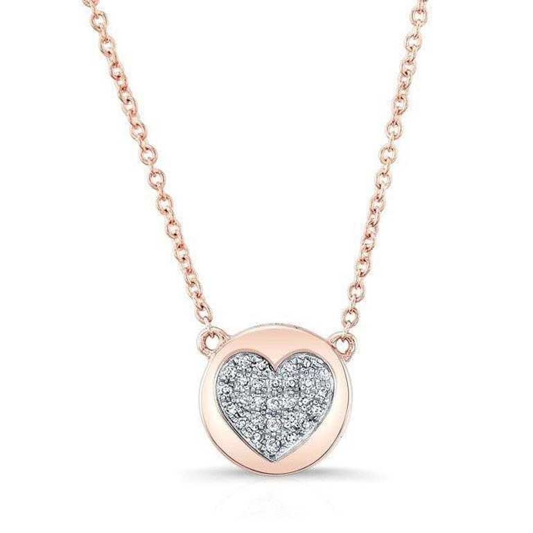 14K White Gold Diamond Double Sided Disc and Pave Heart Pendant-Necklaces-majolie-Rose Gold-
