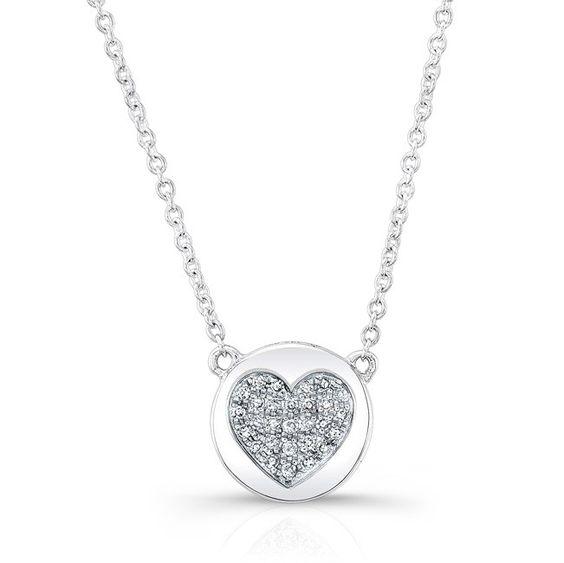 14K White Gold Diamond Double Sided Disc and Pave Heart Pendant-Necklaces-majolie-White Gold-