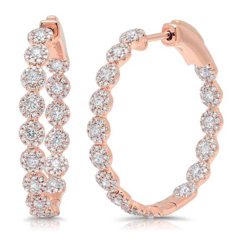 14K Rose Gold Diamond Halo Hoop Earrings