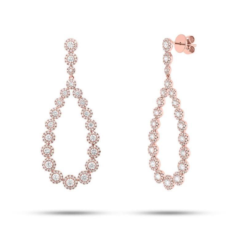 14K Rose Gold Diamond Halo Pear Drop Earrings
