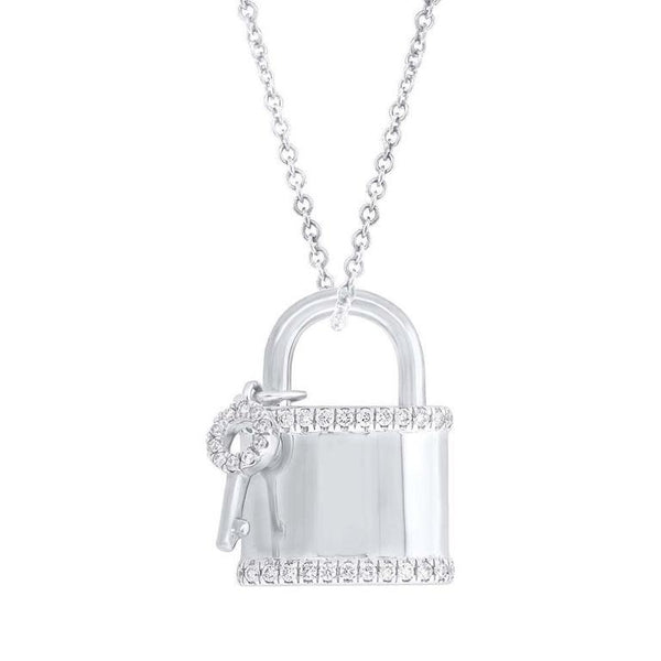 14K White Gold Diamond Locket And Key Necklace
