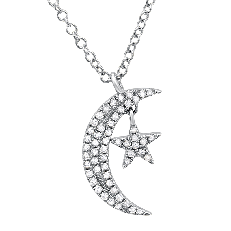 14K Rose Gold Diamond Mini Moon and Star Necklace-Necklaces-Maurice's Jewelers-White Gold-