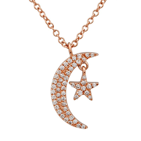 14K Rose Gold Diamond Mini Moon and Star Necklace-Necklaces-Maurice's Jewelers-Rose Gold-