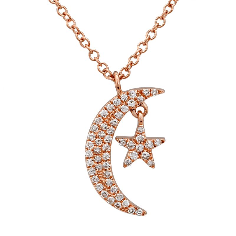 14K Rose Gold Diamond Mini Moon and Star Necklace