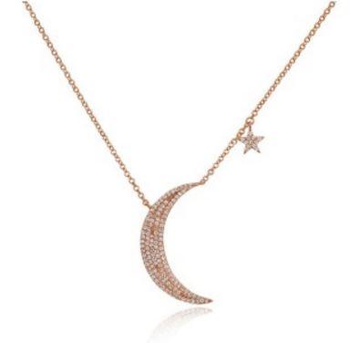 14K Rose Gold Diamond Moon and Star Necklace
