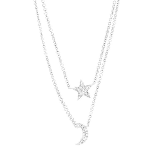 14K White Gold Diamond Moon & Star Double Necklace