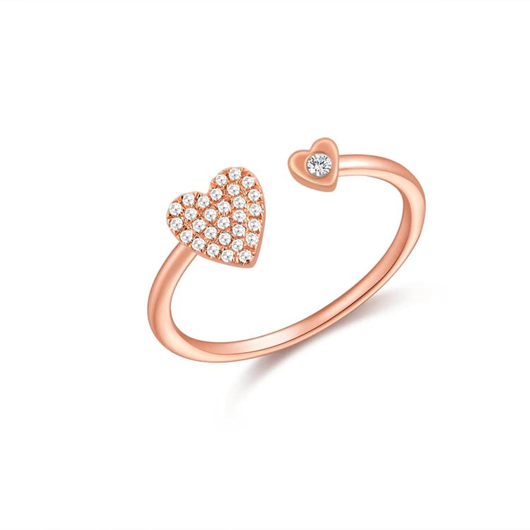 14K Rose Gold Diamond Pave Heart Open Cuff Ring