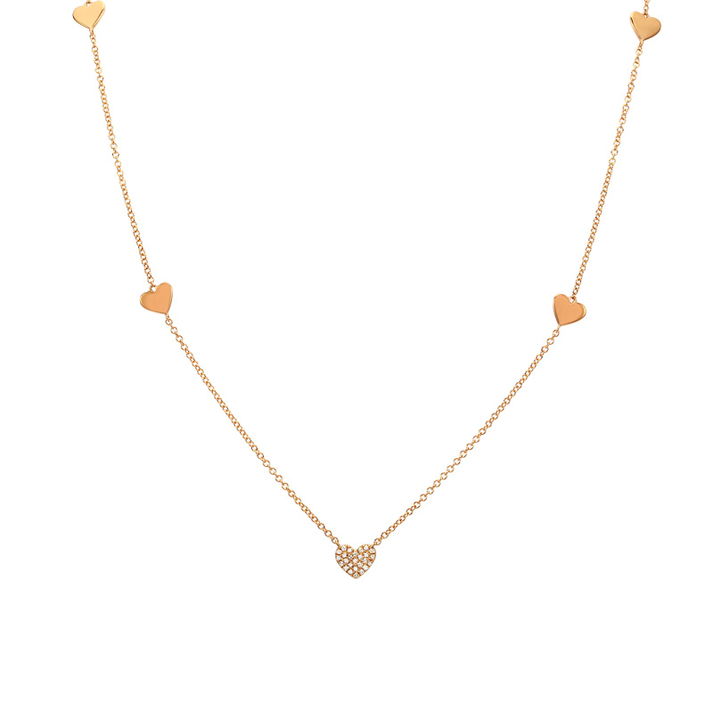 14K Rose Gold Diamond Pave Heart Station Necklace