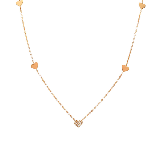 14K Yellow Gold Diamond Pave Heart Station Necklace