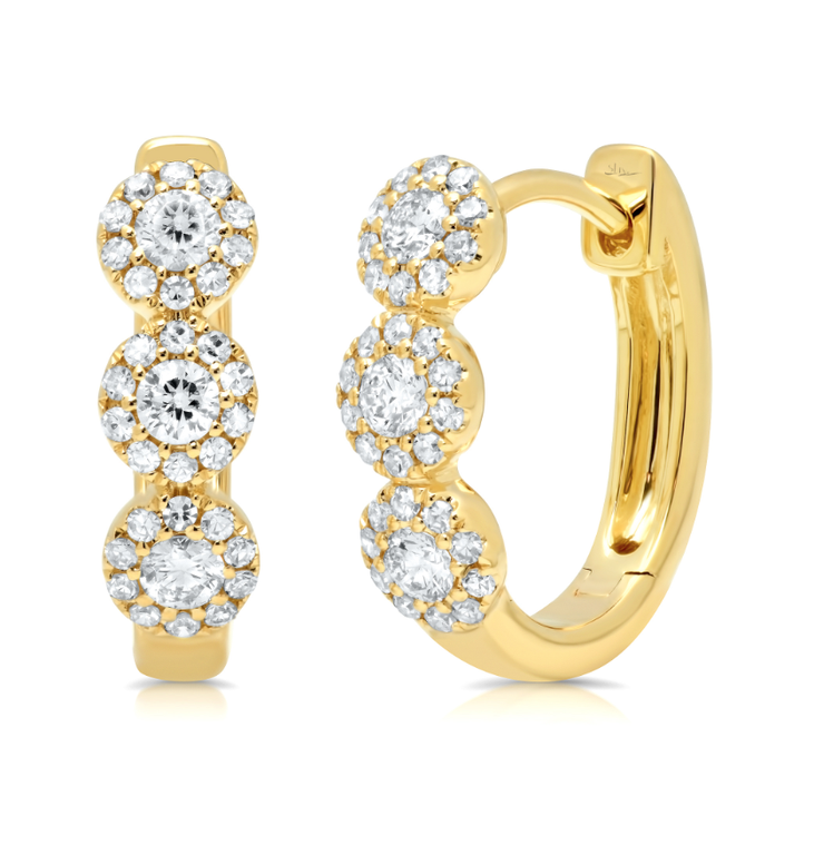 14K Yellow Gold Diamond Triple Halo Huggie Earrings