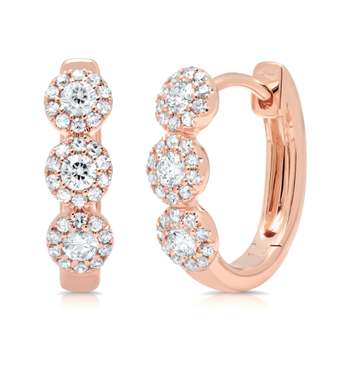 14K Rose Gold Diamond Triple Halo Huggie Earrings