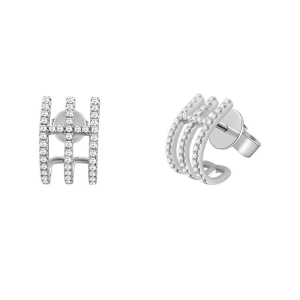 14K White Gold Diamond Triple Row Caged Huggie Earring