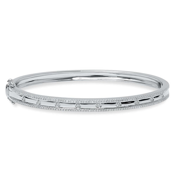 14K White Gold Diamond Border Hinged Bangle (Small)