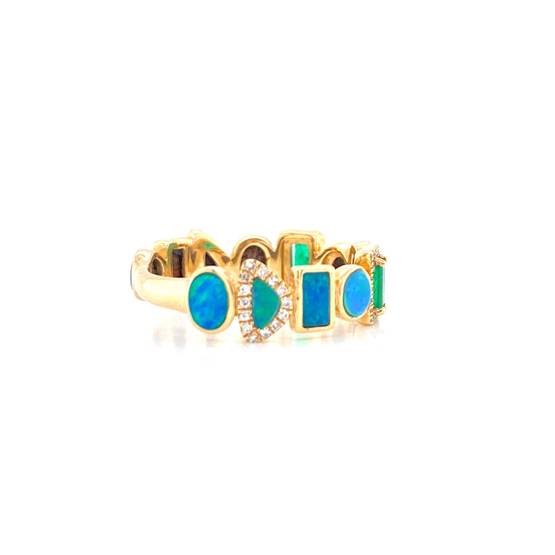 14K Yellow Gold Diamond + Emerald + Opal Multi Shape Ring-Rings-majolie-