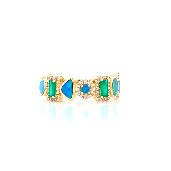 14K Yellow Gold Diamond + Emerald + Opal Multi Shape Ring-Rings-majolie-