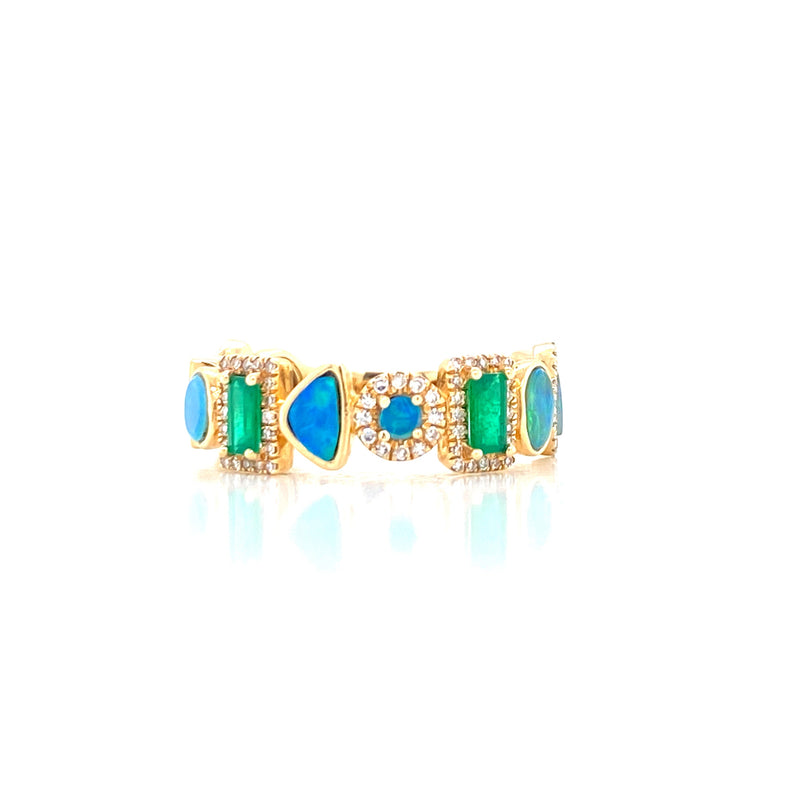14K Yellow Gold Diamond + Emerald + Opal Multi Shape Ring