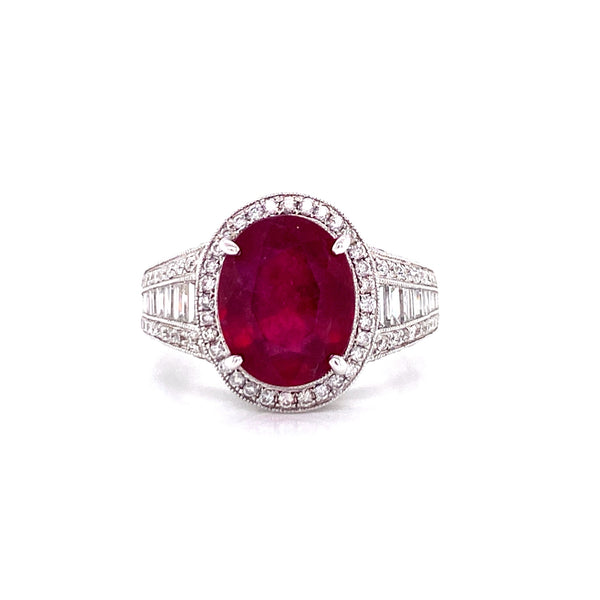 18K White Gold Diamond + Oval Ruby Ring-Rings-pink diamond-