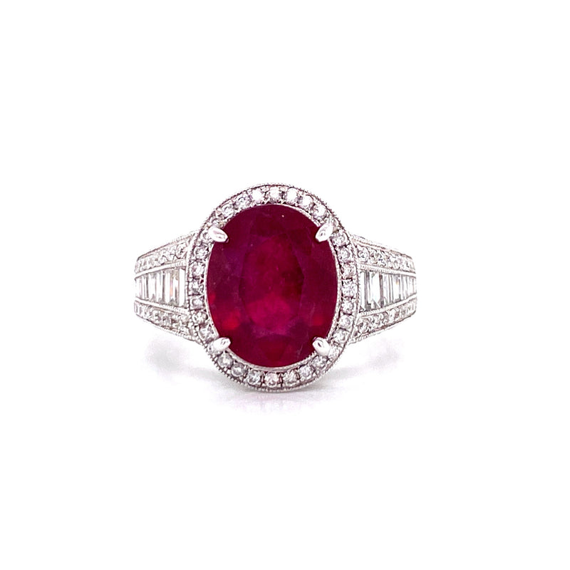 18K White Gold Diamond + Oval Ruby Ring-Rings-pink diamond-