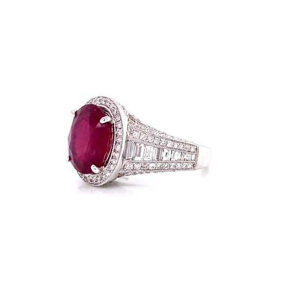 18K White Gold Diamond + Oval Ruby Ring-Rings-pink diamond-