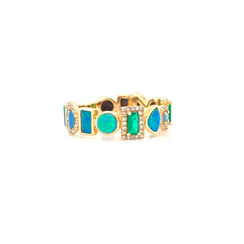14K Yellow Gold Diamond + Emerald + Opal Multi Shape Ring-Rings-majolie-