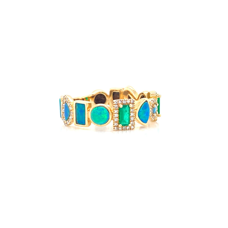 14K Yellow Gold Diamond + Emerald + Opal Multi Shape Ring