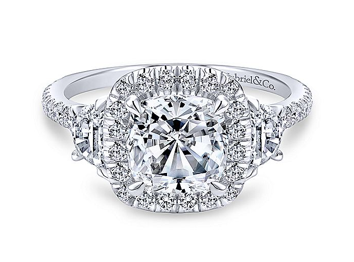 14K White Gold Diamond Cushion Halo + 3 Stone Mounting-mounting-gabriel & co-