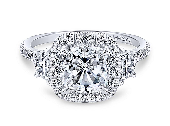 14K White Gold Diamond Cushion Halo + 3 Stone Mounting