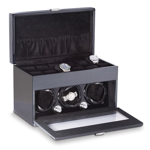 Carbon Fiber 3-Watch Winder With 12-Watch Storage-WATCH WINDER-Maurice's Jewelers-