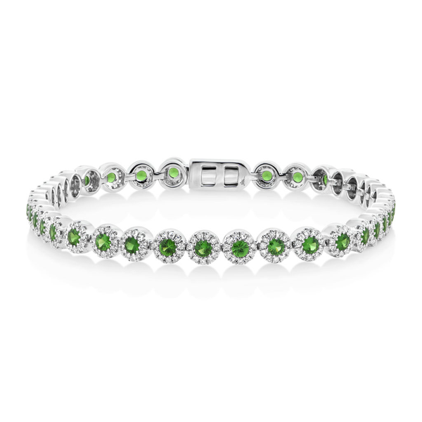 14K White Gold Green Garnet Sapphire and Diamond Tennis Bracelet