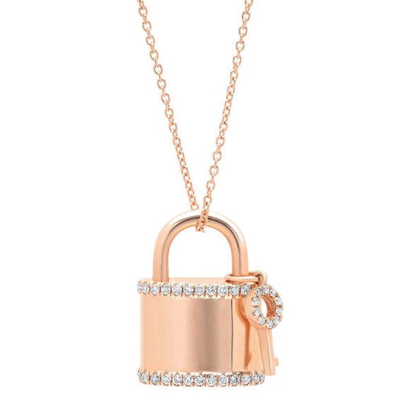 14K White Gold Diamond Locket And Key Necklace