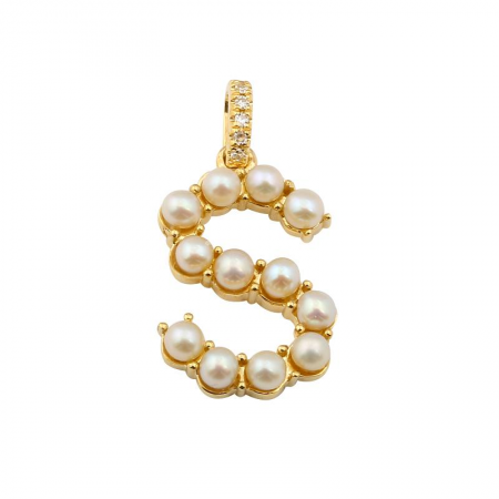 14K Yellow Gold Pearl Initial “S” With Diamond Bail Charm/Pendant-Charms & Pendants-superbell-