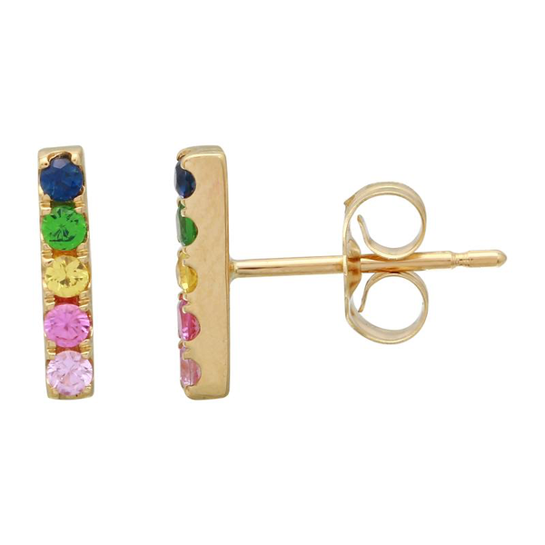 14K Yellow Gold Rainbow Multi-Sapphire Bar Earrings