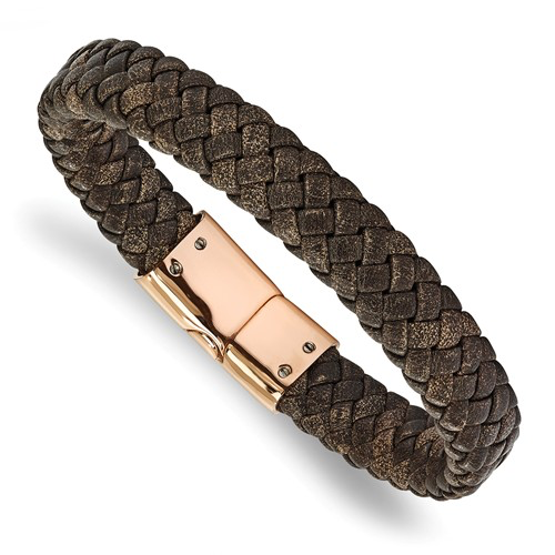 Stainless Steel Polished Rose Braided Brown Leather Bracelet